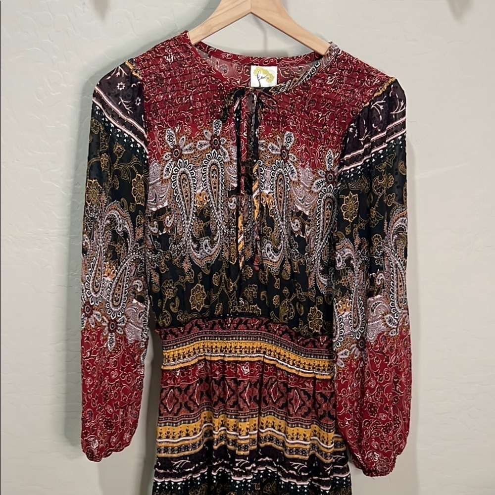 Fig & Flower Anthropologie Dress Sheer Boho Paisley Bishop Maxi Fall Rust Brown - Picture 4 of 16